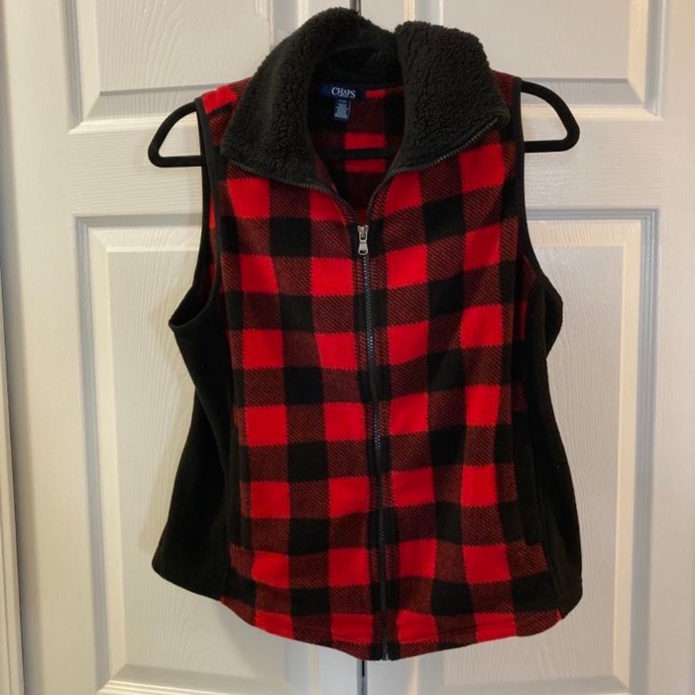 Chaps Stylish Red & Black Full-Zip Checked Fleece Vest Size PL